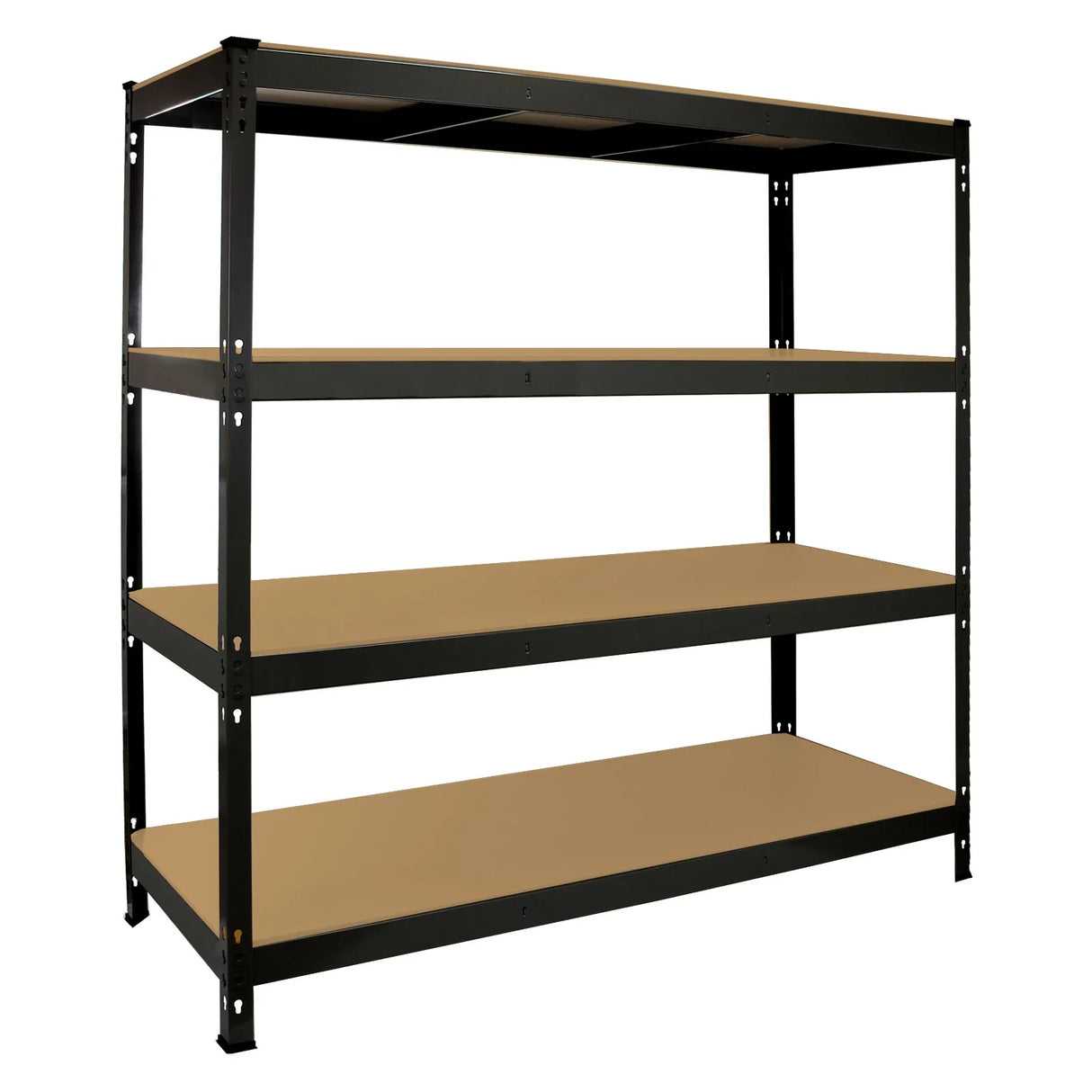 Heavy duty black storage shelving unit with four sturdy shelves, measuring 160cm wide and 60cm deep, ideal for organizing items