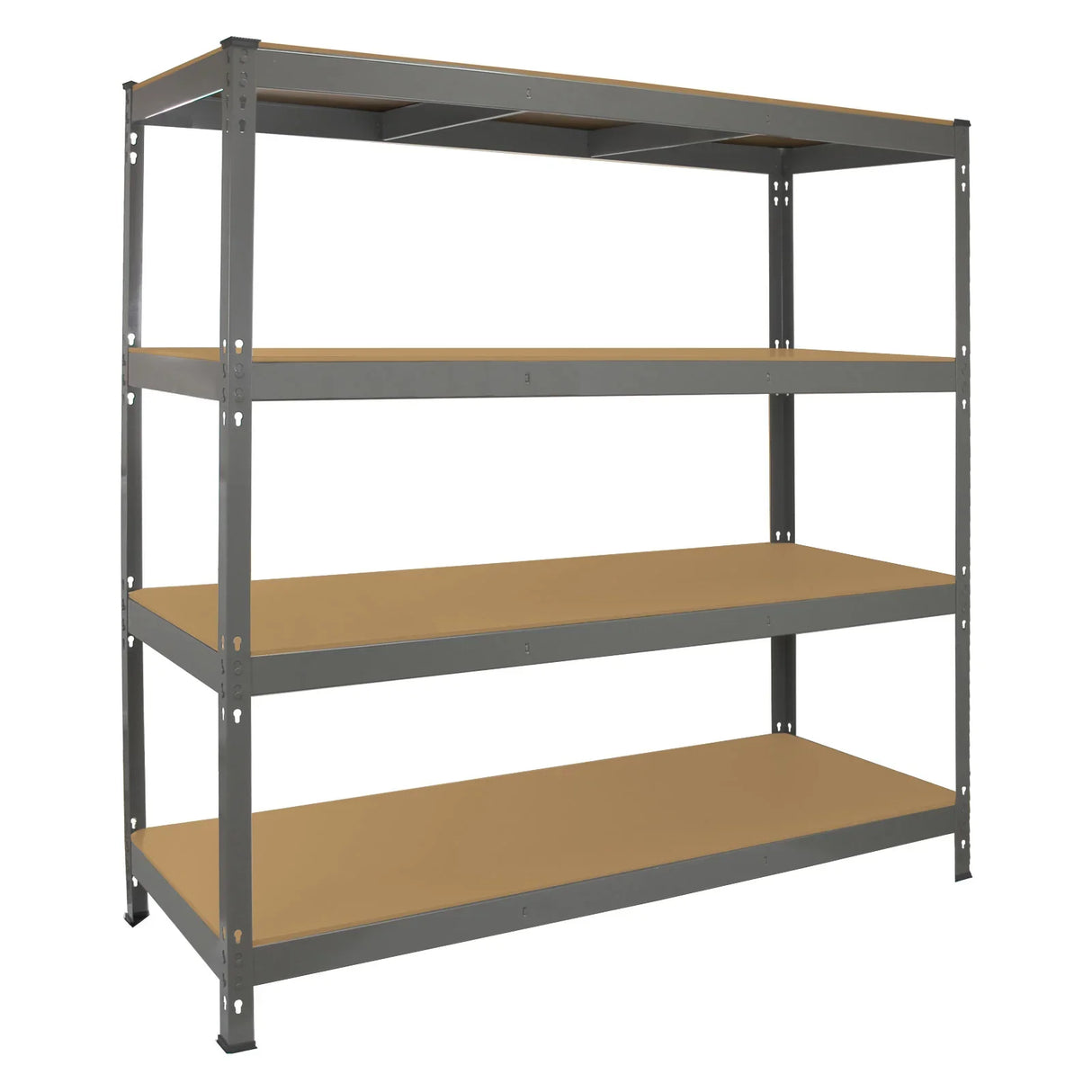 Heavy duty grey storage shelving unit with four sturdy shelves, measuring 160cm wide and 60cm deep, ideal for organizing items