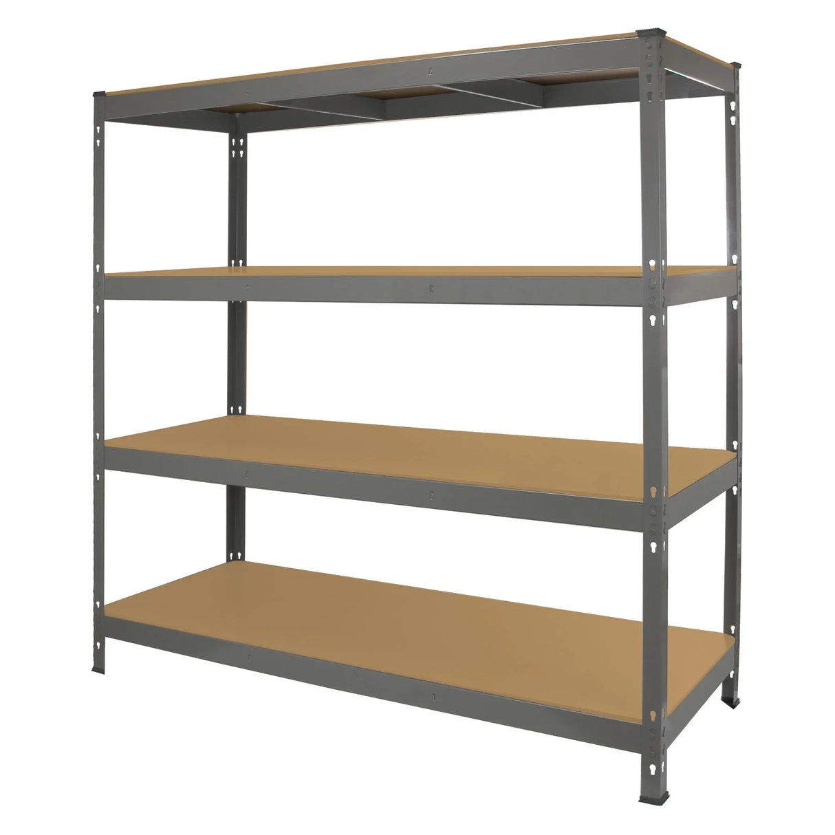Heavy duty grey storage shelving unit with four sturdy shelves, measuring 160cm wide and 60cm deep, ideal for organizing items