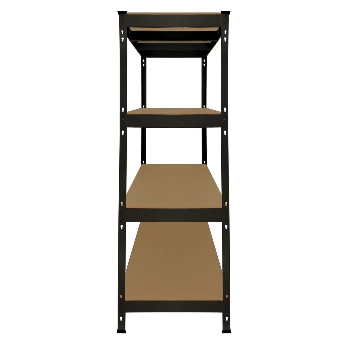 Heavy duty black storage shelving unit with four sturdy shelves, ideal for organizing tools and supplies in garages or warehouses