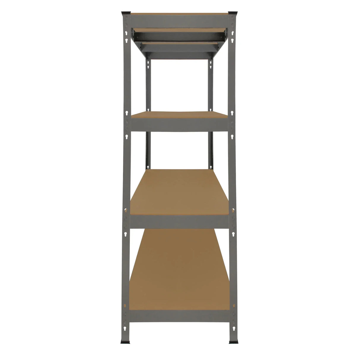 Heavy-duty grey storage shelving unit with four sturdy, wooden shelves, measuring 160cm wide and 60cm deep, ideal for organizing items