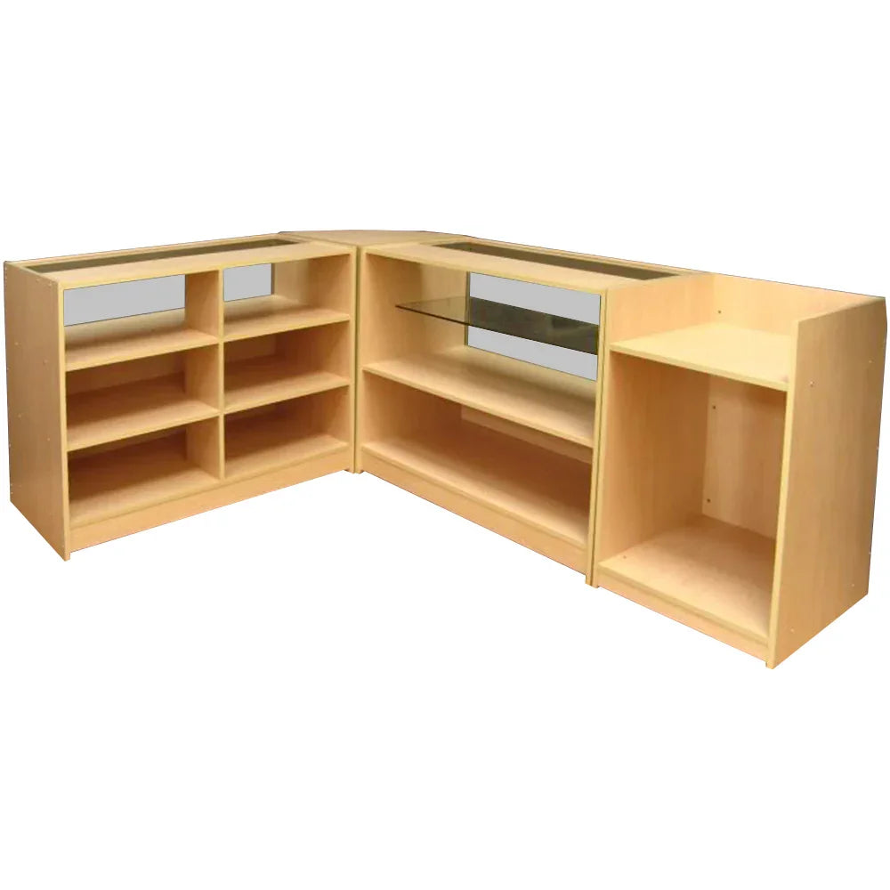 Cosmos Counter Set features a modern design with light wood finish, multiple shelves, and a glass display area for showcasing products