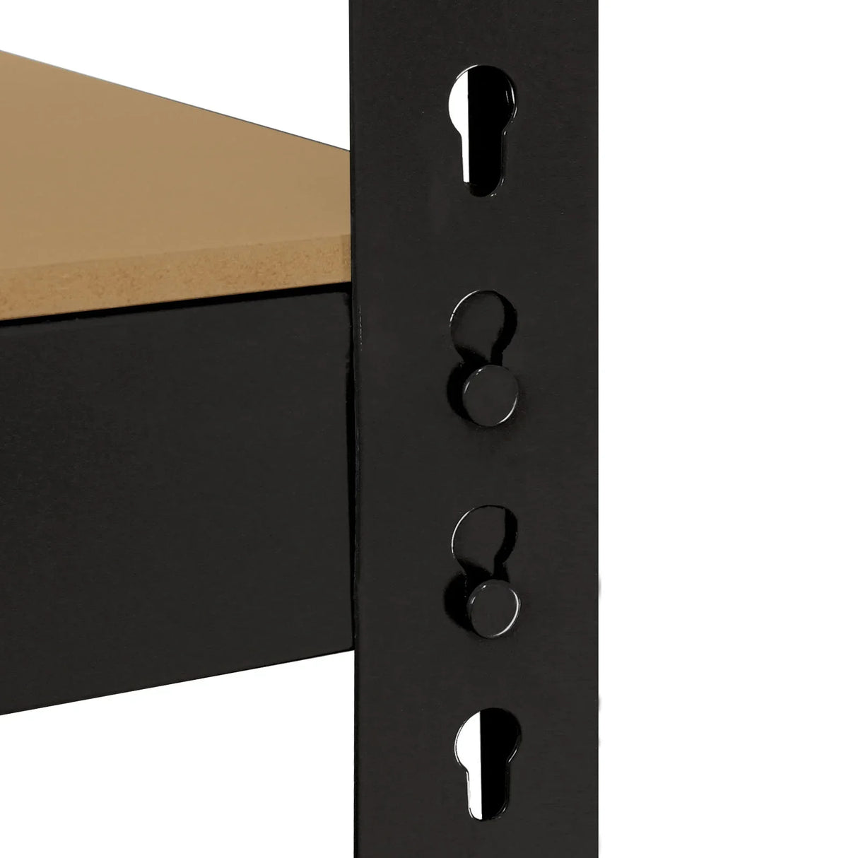 Close-up of the black metal frame of the Monster Racking Q-Rax heavy duty shelving, showcasing adjustable shelf slots and sturdy construction