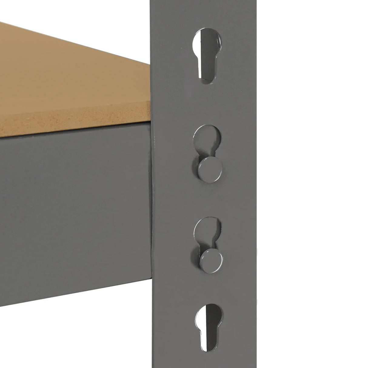 Heavy duty grey metal shelving unit with a wooden top, featuring adjustable shelves and keyhole slots for secure assembly