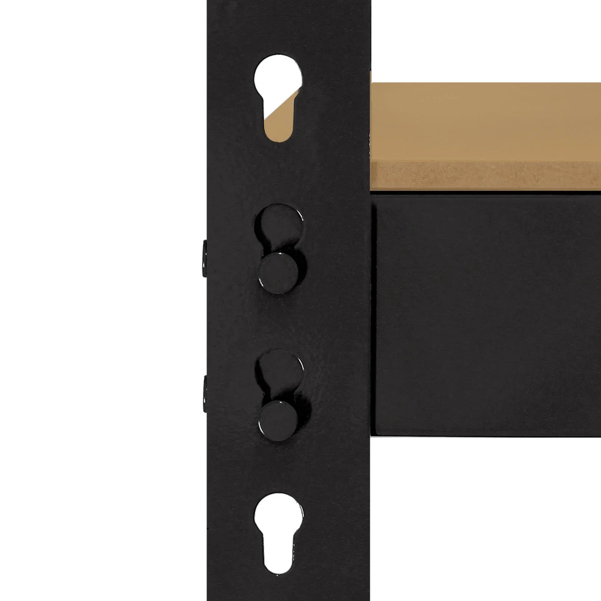 Close-up of the black metal frame of Monster Racking Q-Rax Heavy Duty Storage Shelving, showcasing adjustable shelf clips and sturdy design