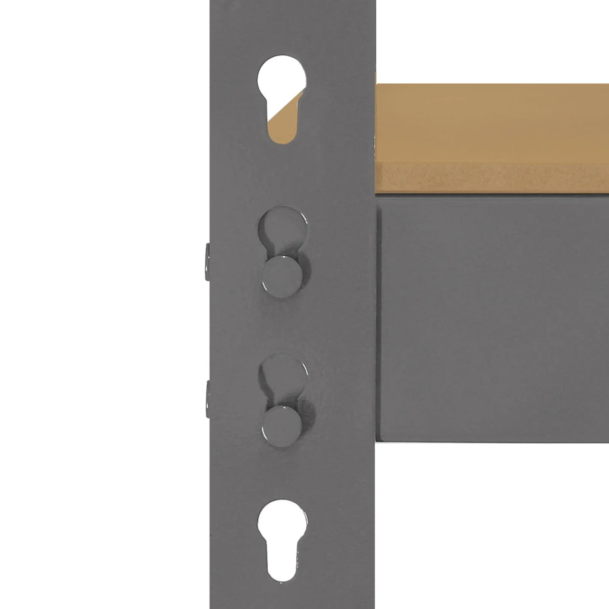 Heavy-duty grey metal shelving unit with adjustable shelves, featuring a sturdy design and smooth wooden top for storage solutions