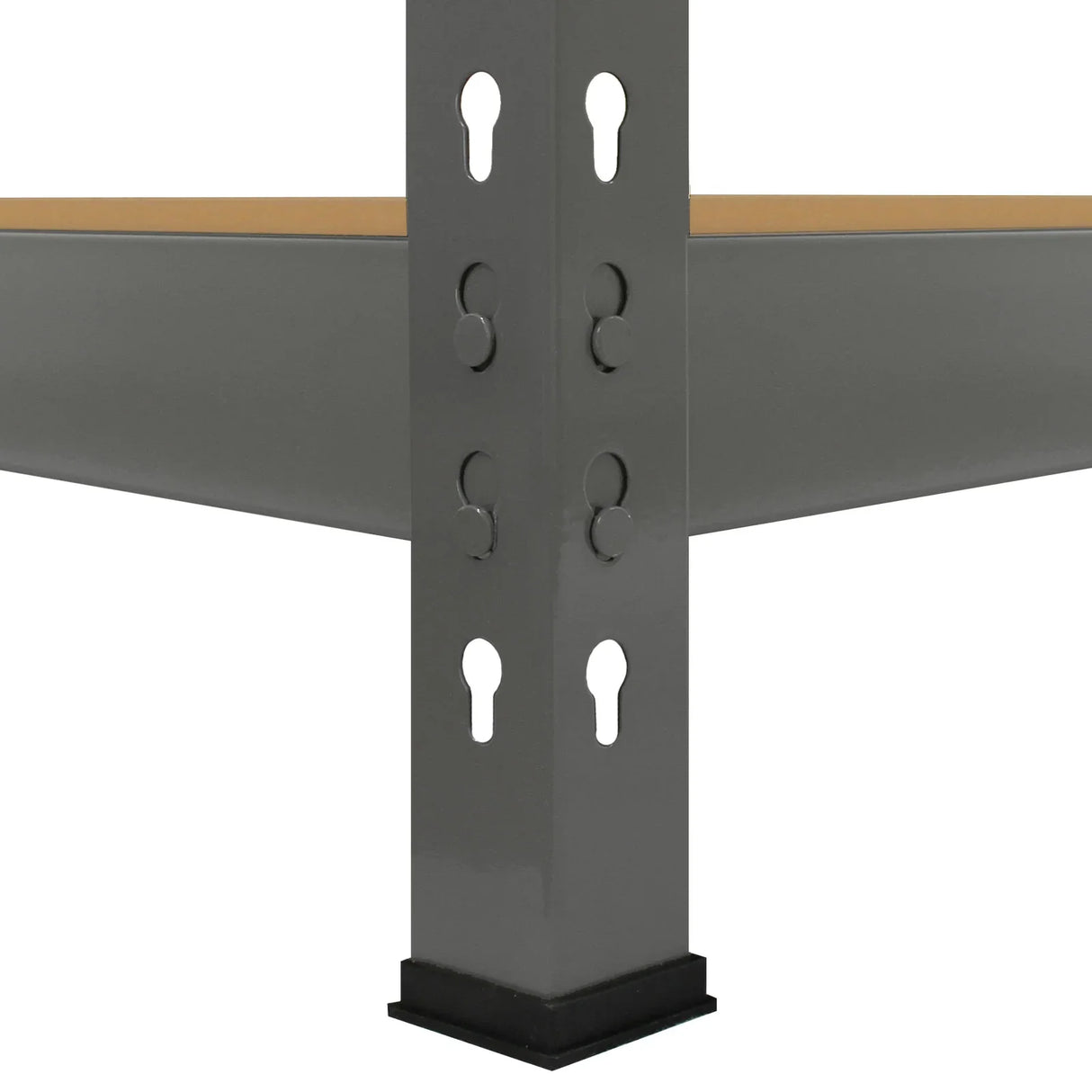 Heavy-duty grey metal shelving unit with sturdy vertical supports, adjustable shelves, and a smooth surface for storage solutions