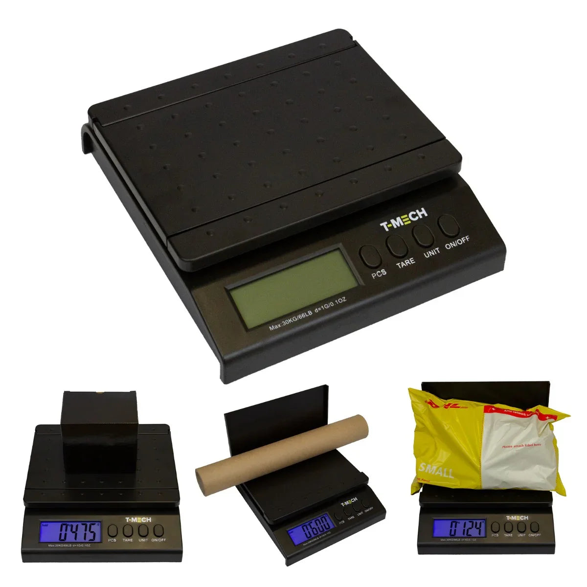 T-Mech digital postal scales with a sleek black design, large LCD display, and a flat weighing platform for accurate measurements