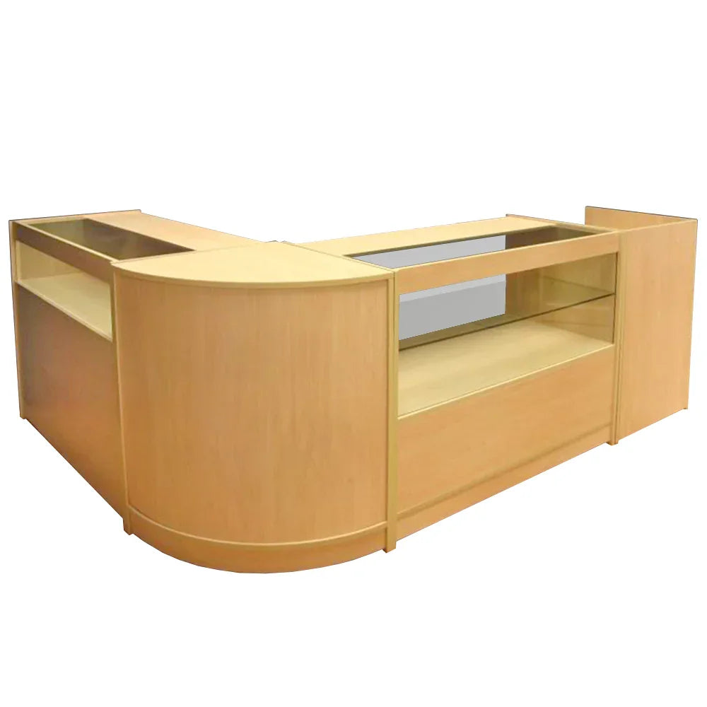 Curved wooden Cosmos Counter Set in light maple finish, featuring glass display sections and ample storage for retail use