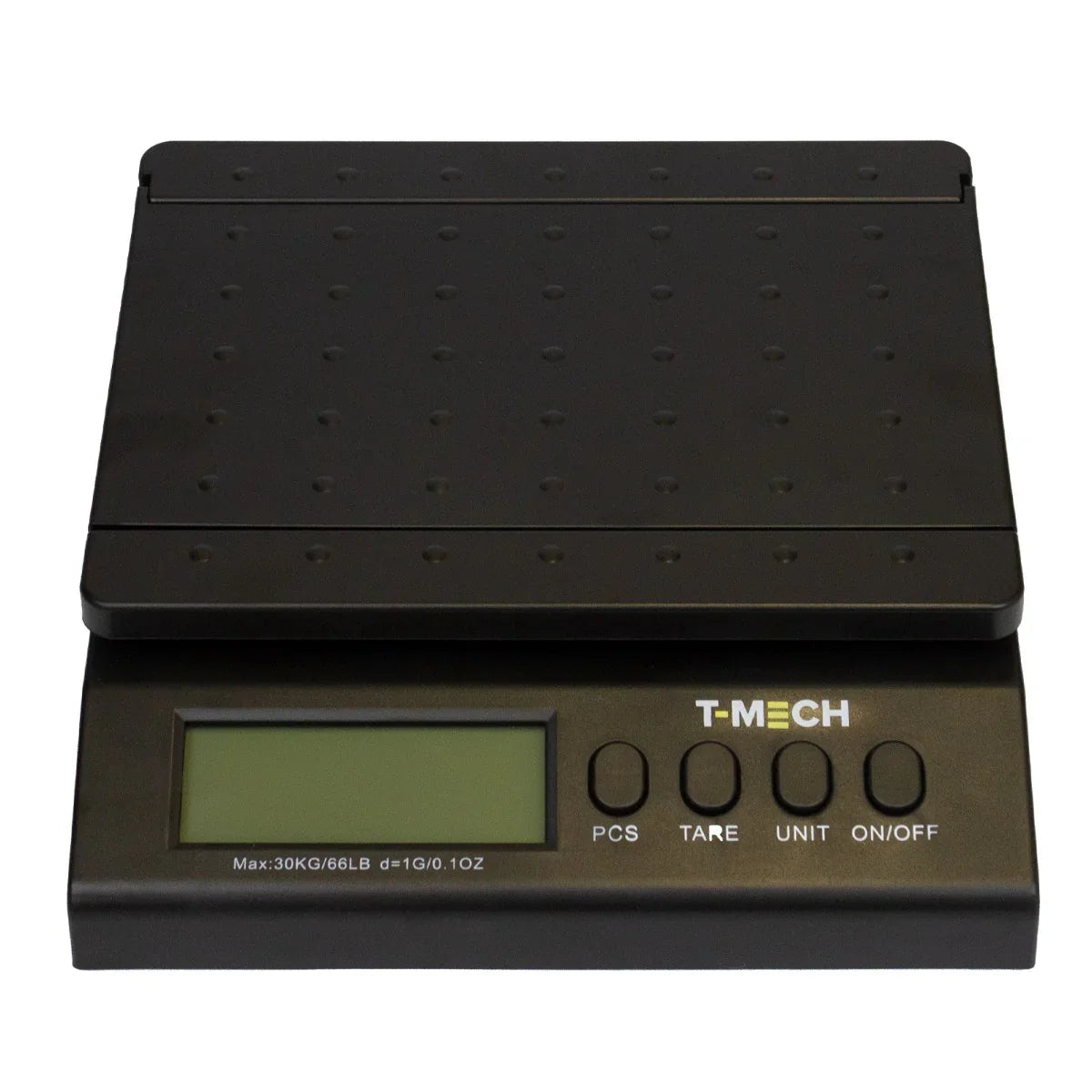 T-Mech digital postal scales with a sleek black design, large weighing platform, and easy-to-read LCD display for accurate measurements