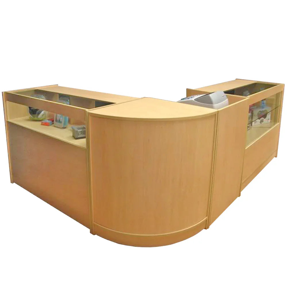 Curved wooden Cosmos Counter Set featuring a smooth finish, glass display sections, and a warm light oak color, ideal for retail spaces