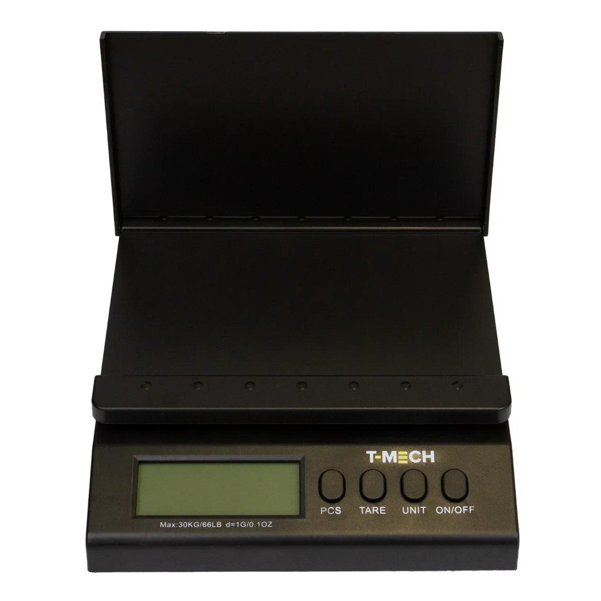 T-Mech digital postal scales in sleek black with a large LCD display, featuring buttons for tare, unit, and power functions