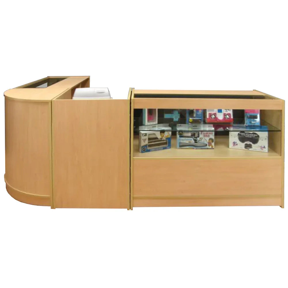 Cosmos Counter Set featuring a smooth wood finish, curved design, and glass display showcasing various products inside