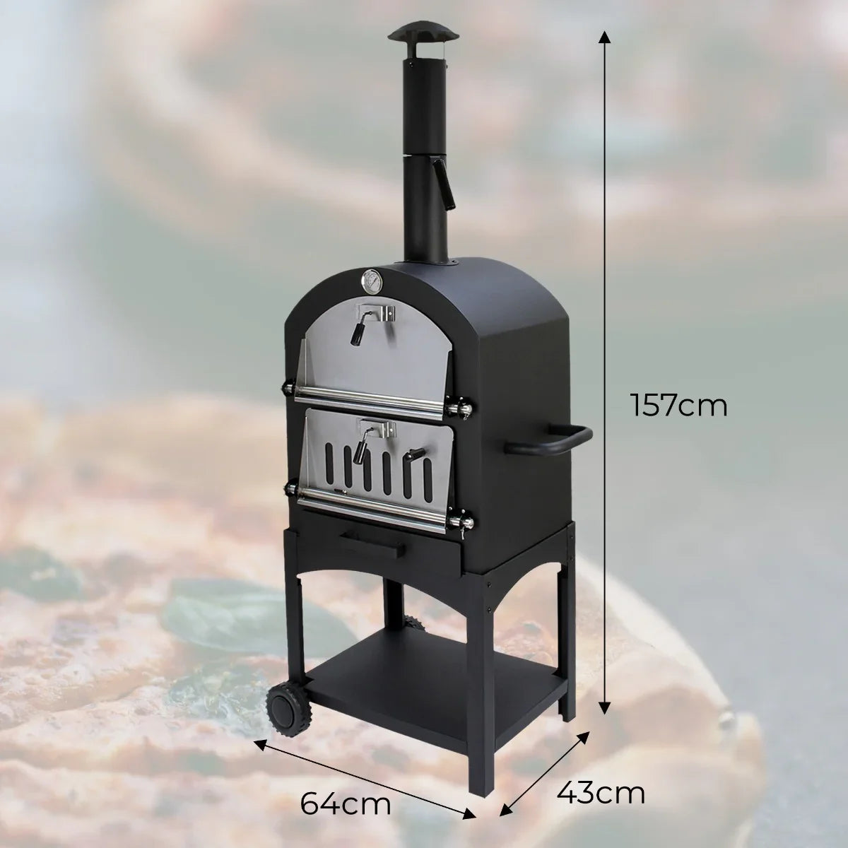 KuKoo outdoor pizza oven with a sleek black finish, stainless steel door, and a sturdy cart for easy mobility and storage