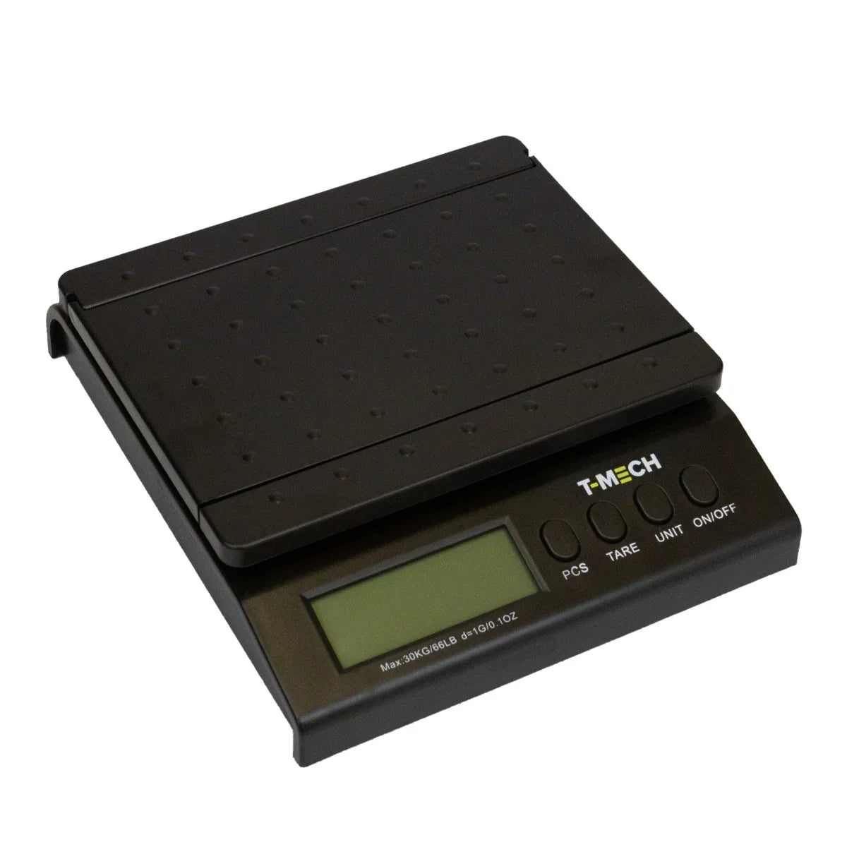 T-Mech digital postal scales with a sleek black design, large weighing platform, and clear LCD display for easy reading