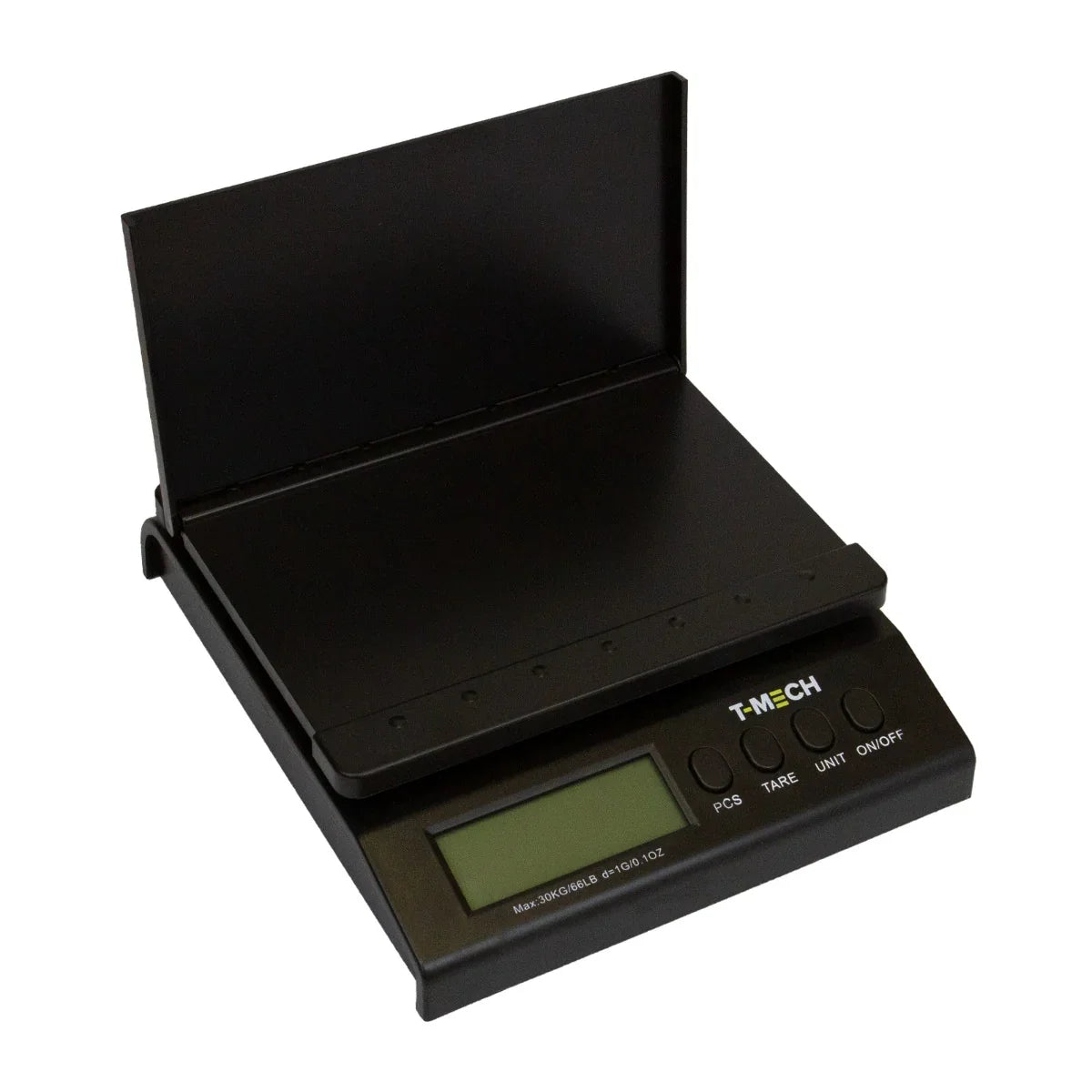 T-Mech digital postal scales in sleek black with a large display, foldable design, and buttons for unit conversion and tare function