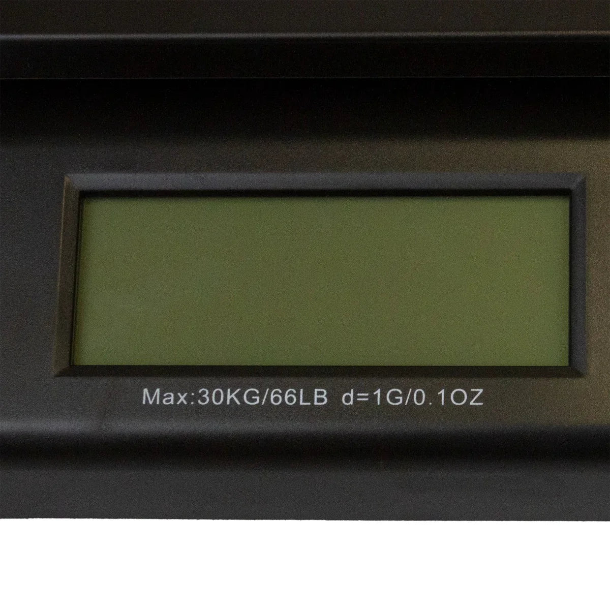T-Mech digital postal scales with a large green display, measuring up to 30kg, featuring a sleek black design and precise 1g increments