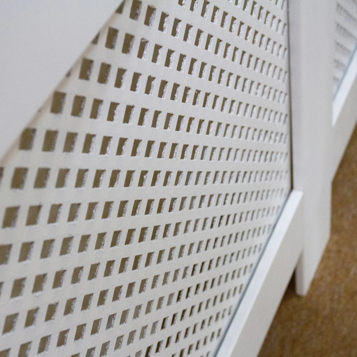 Unfinished MDF radiator cover, featuring a grid pattern, smooth white surface, and clean lines, ideal for home decor enhancement