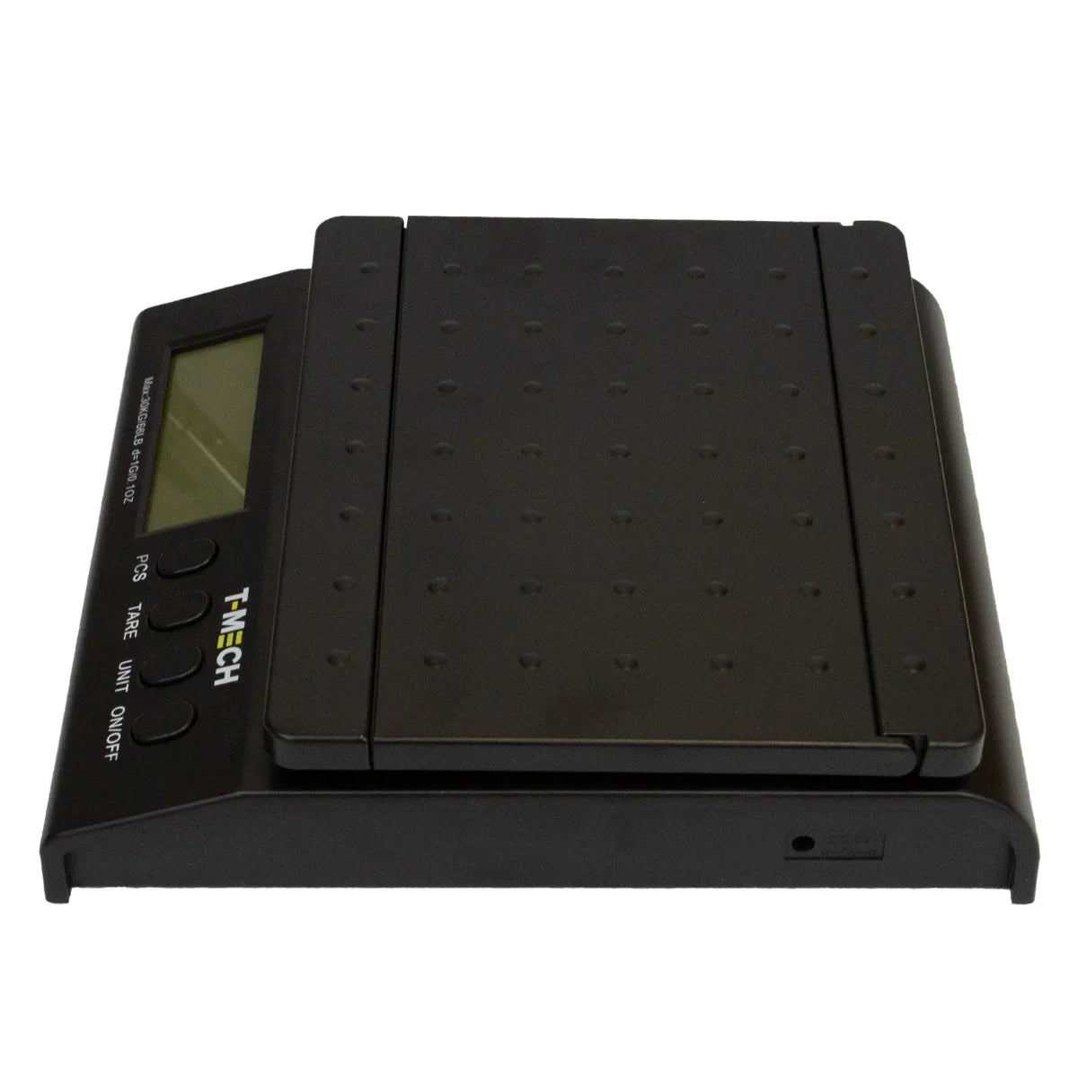 T-Mech digital postal scales with a sleek black design, textured weighing platform, and clear LCD display for easy reading