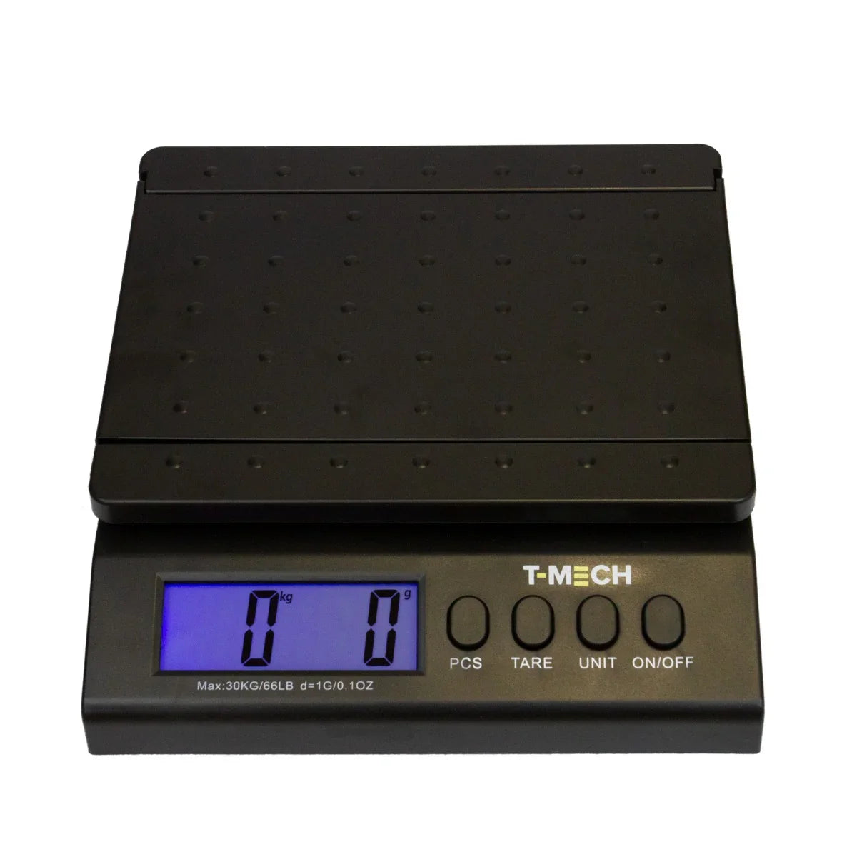 T-Mech digital postal scales with a sleek black platform, large blue LCD display, and easy-to-use buttons for precise weighing