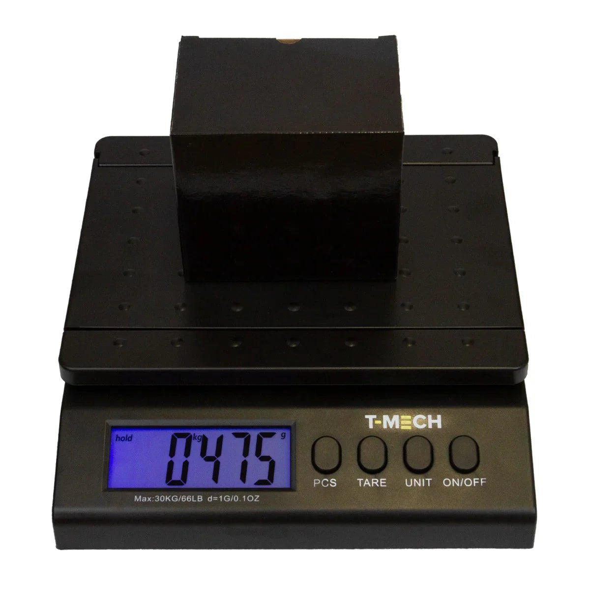 T-Mech digital postal scales with a black platform, displaying weight of a small box, featuring a clear blue LCD screen