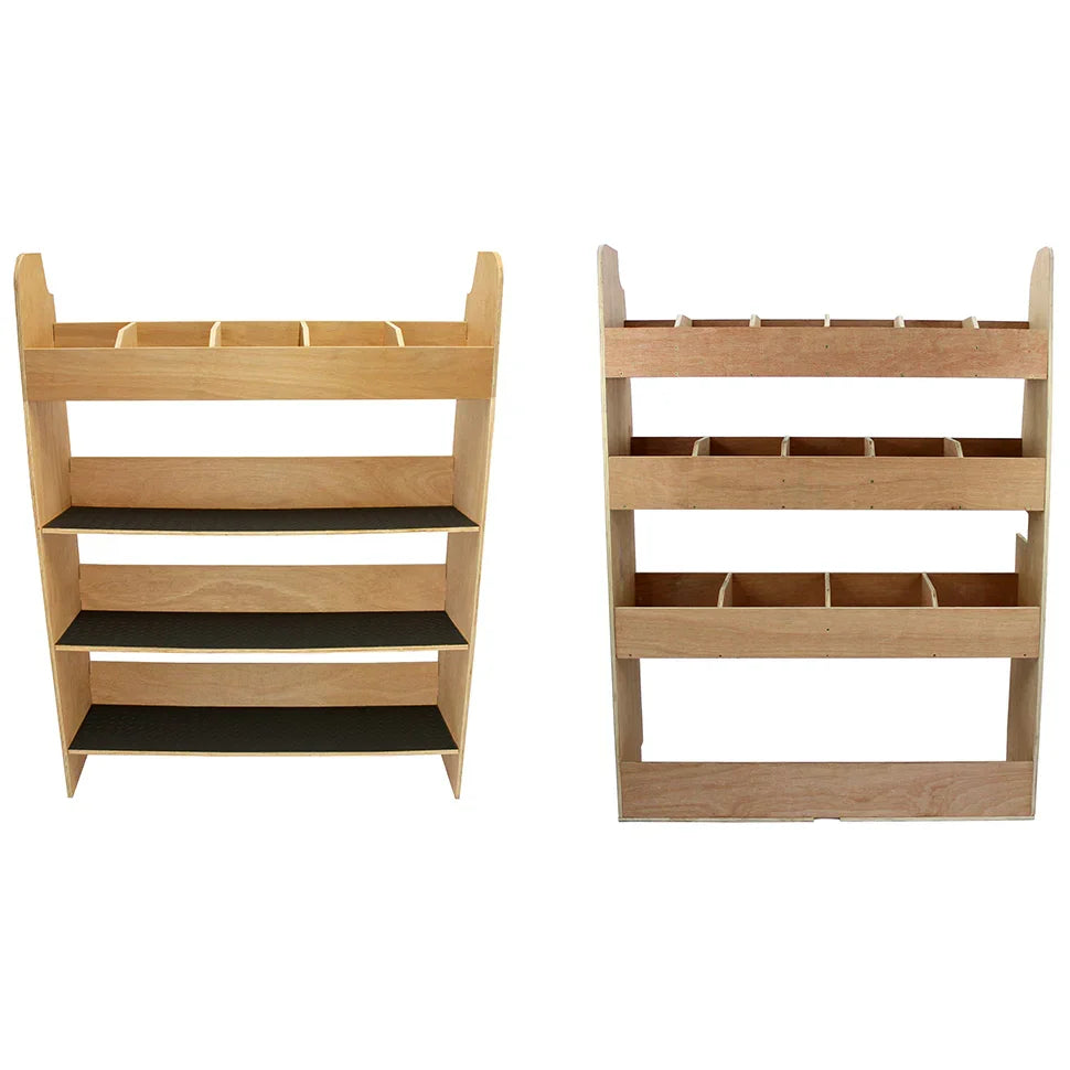 Ford Transit Custom divider racking and toolbox features sturdy wooden shelves, a natural finish, and multiple compartments for organized storage