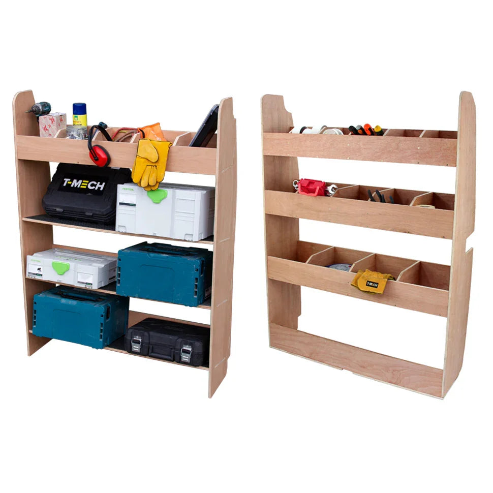 Ford Transit Custom divider racking with multiple shelves, wooden finish, storing tools, boxes, and accessories for organized van storage