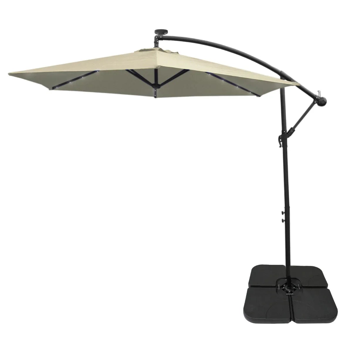 Cream 3m LED cantilever parasol with a sturdy black base, featuring a spacious canopy and sleek, modern design for outdoor shade