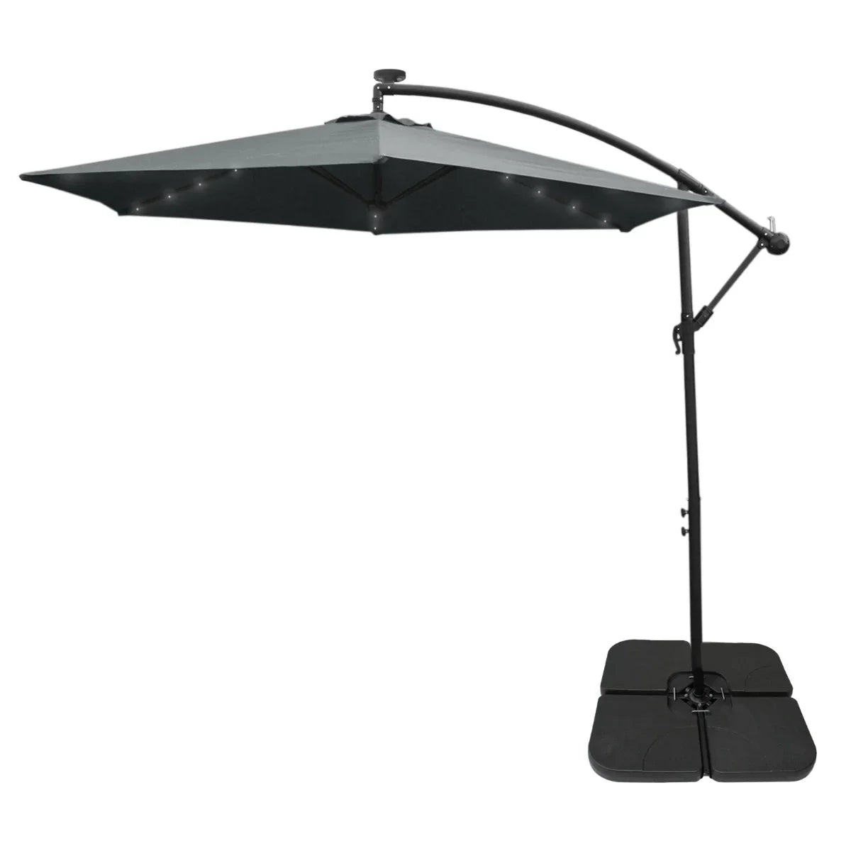 Grey 3m LED cantilever parasol with a sleek design, sturdy black frame, and a plain base, perfect for outdoor shade and ambiance