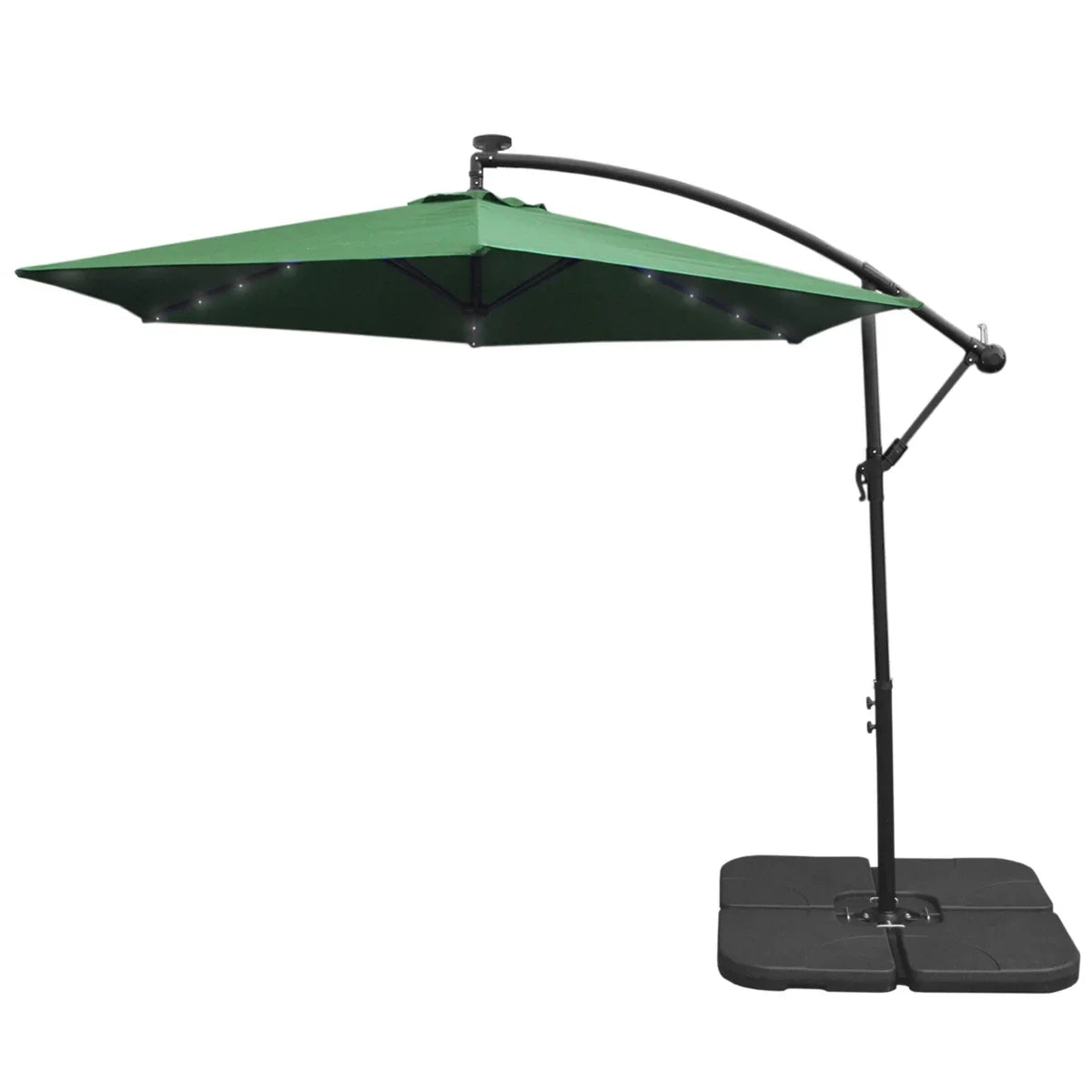 Green 3m LED cantilever parasol with a sturdy black base, featuring a square canopy and built-in lights for outdoor shade and ambiance