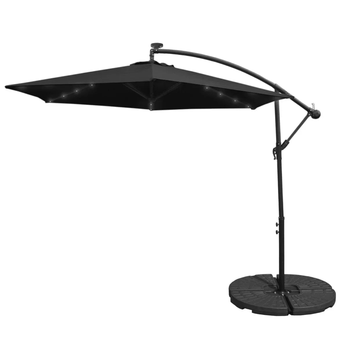 Black 3m LED cantilever parasol with a sturdy fan base, featuring a sleek, modern design and a spacious, shaded canopy
