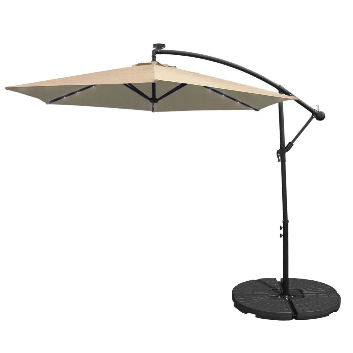 Beige 3m cantilever parasol with a sturdy fan base, featuring a sleek, modern design and a durable fabric canopy for outdoor shade