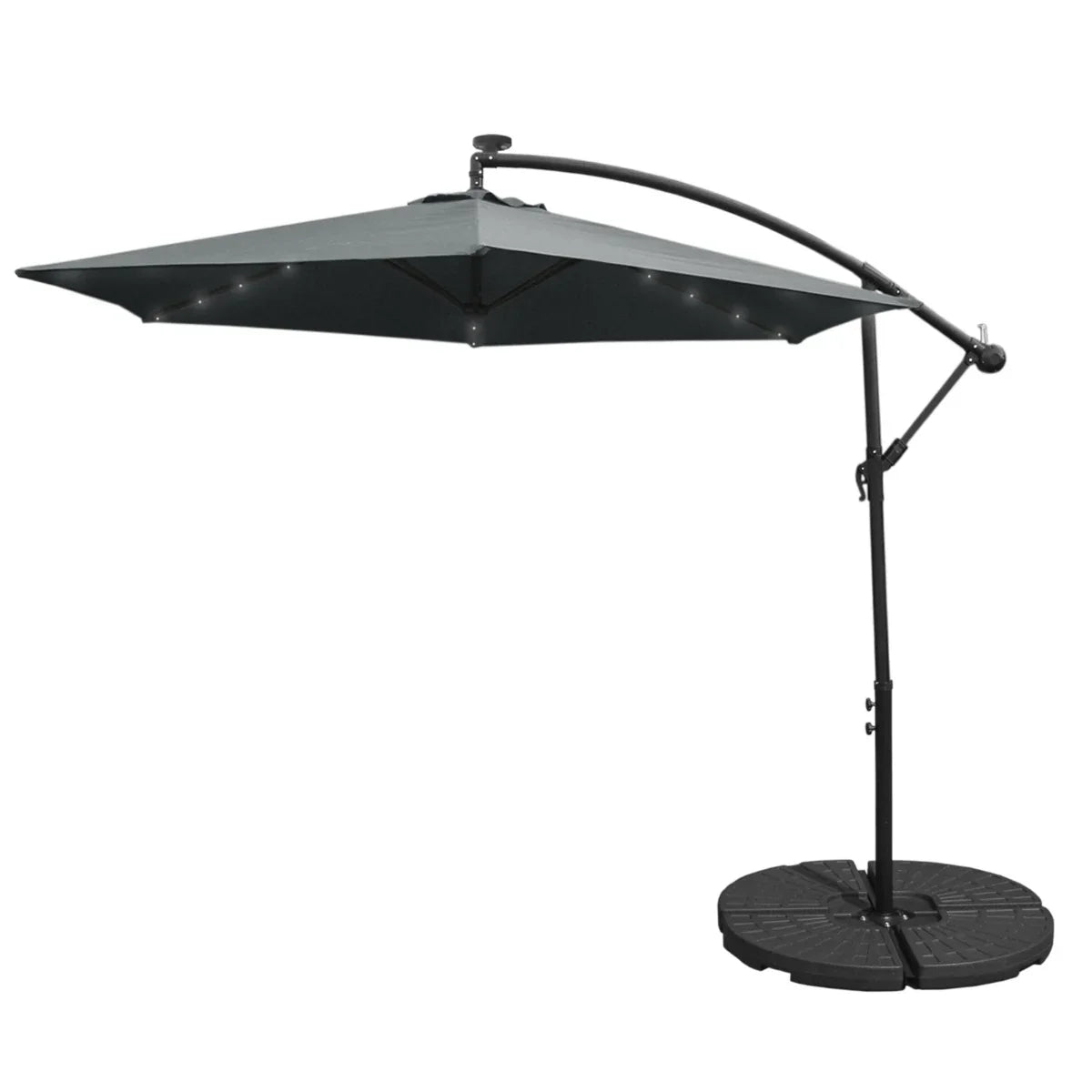 Grey 3m LED cantilever parasol with a sturdy fan base, featuring a sleek, modern design and a durable fabric canopy for shade