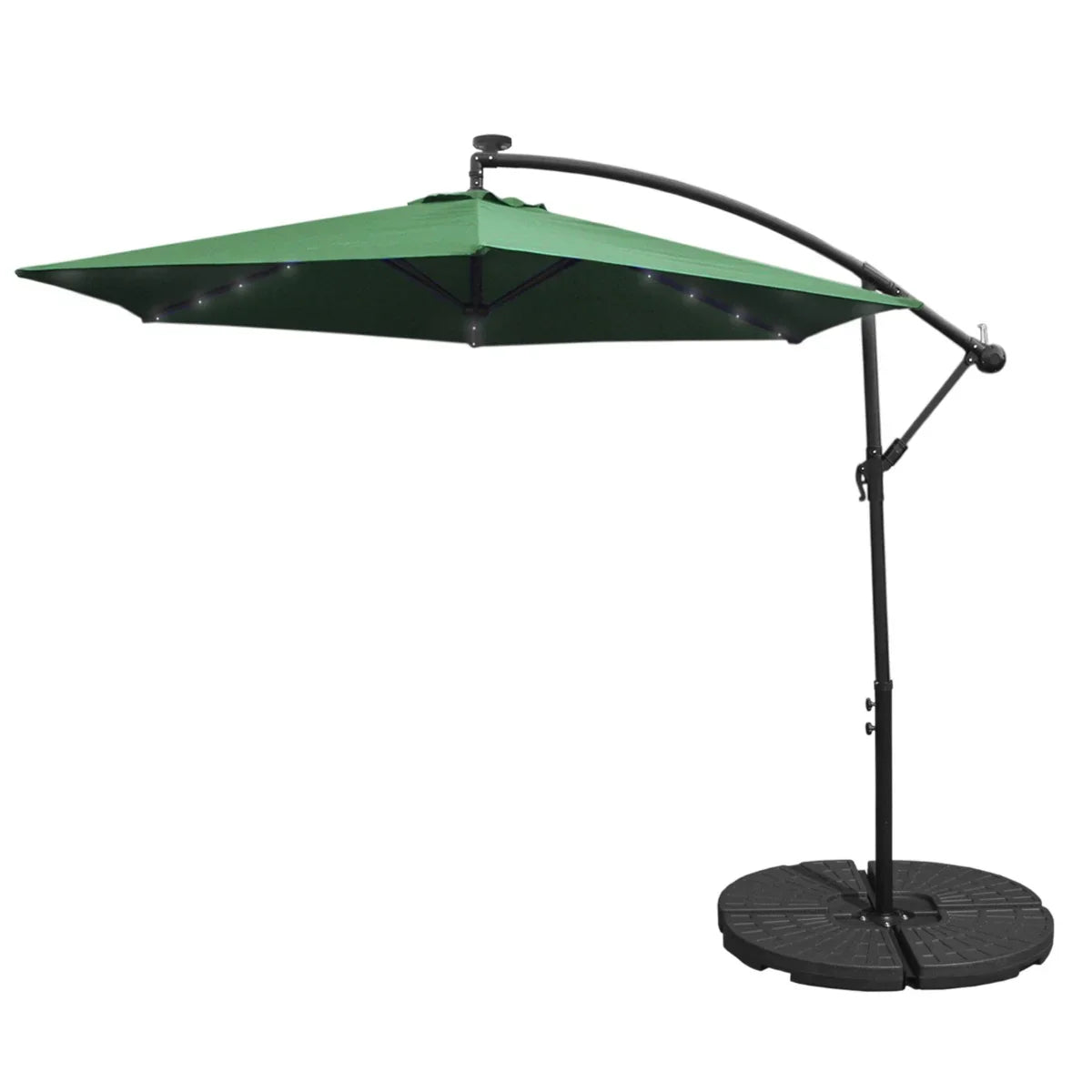 Green 3m LED cantilever parasol with a sturdy fan base, featuring a square canopy and sleek black frame for outdoor shade