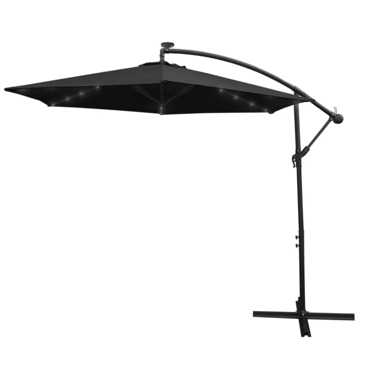 Black 3m LED cantilever parasol with a sleek, modern design, featuring a sturdy frame and a spacious, shaded canopy for outdoor use
