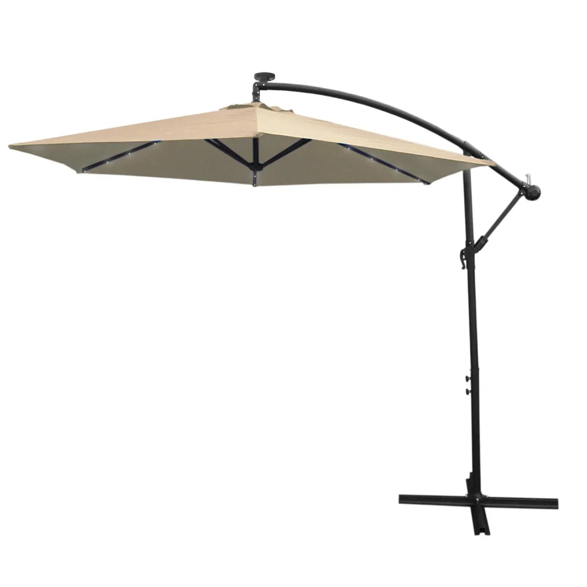 Beige 3m LED cantilever parasol with a sturdy black frame, featuring a large square canopy for ample shade and outdoor comfort