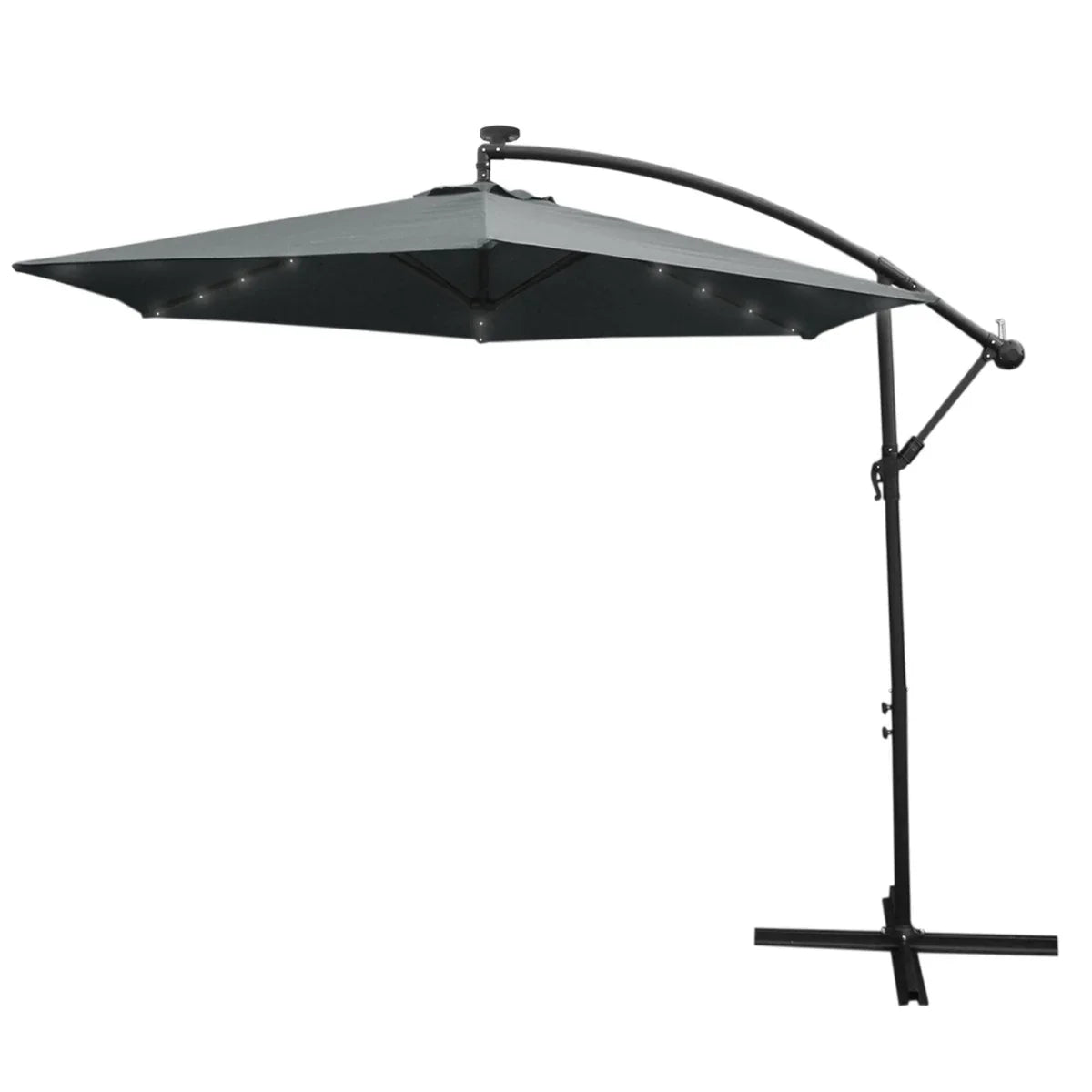 Grey 3m LED cantilever parasol with a sleek design, featuring a sturdy black frame and a spacious, shaded canopy for outdoor use