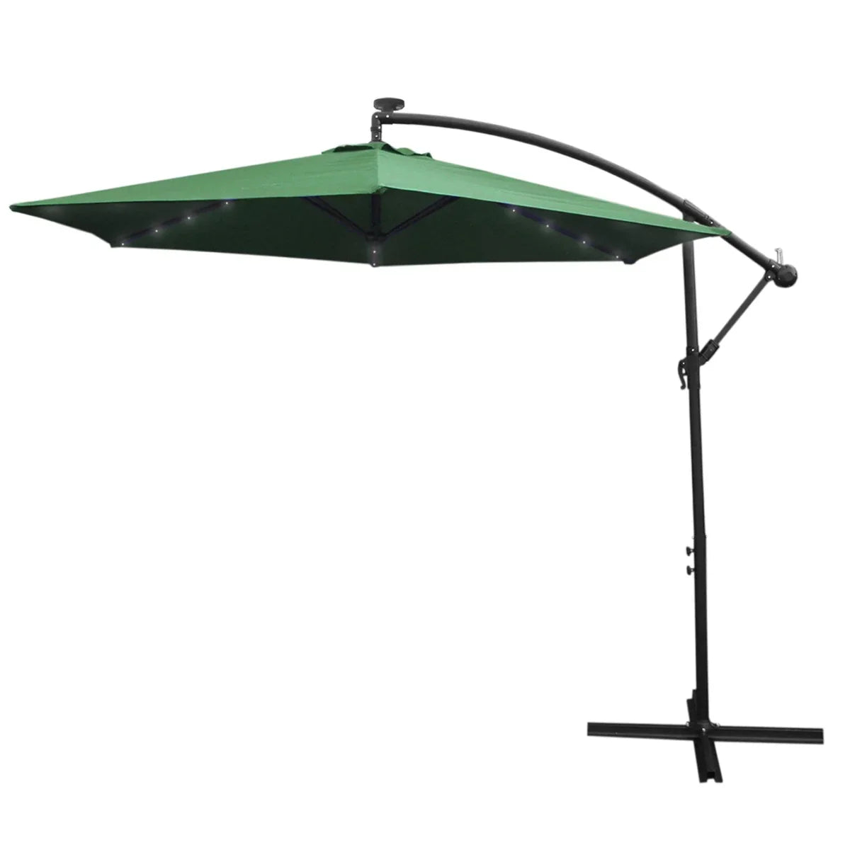 Green 3m LED cantilever parasol with a sturdy black frame, featuring a large square canopy and integrated lights for outdoor use