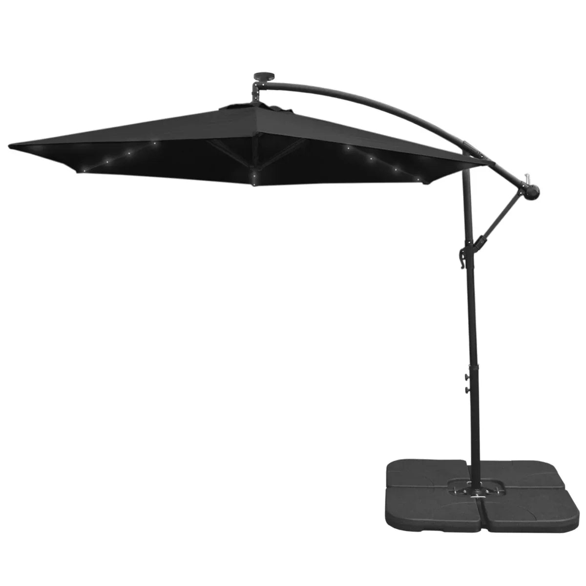 Black 3m LED cantilever parasol with a sleek design, featuring a sturdy plain base and illuminated canopy for outdoor shade