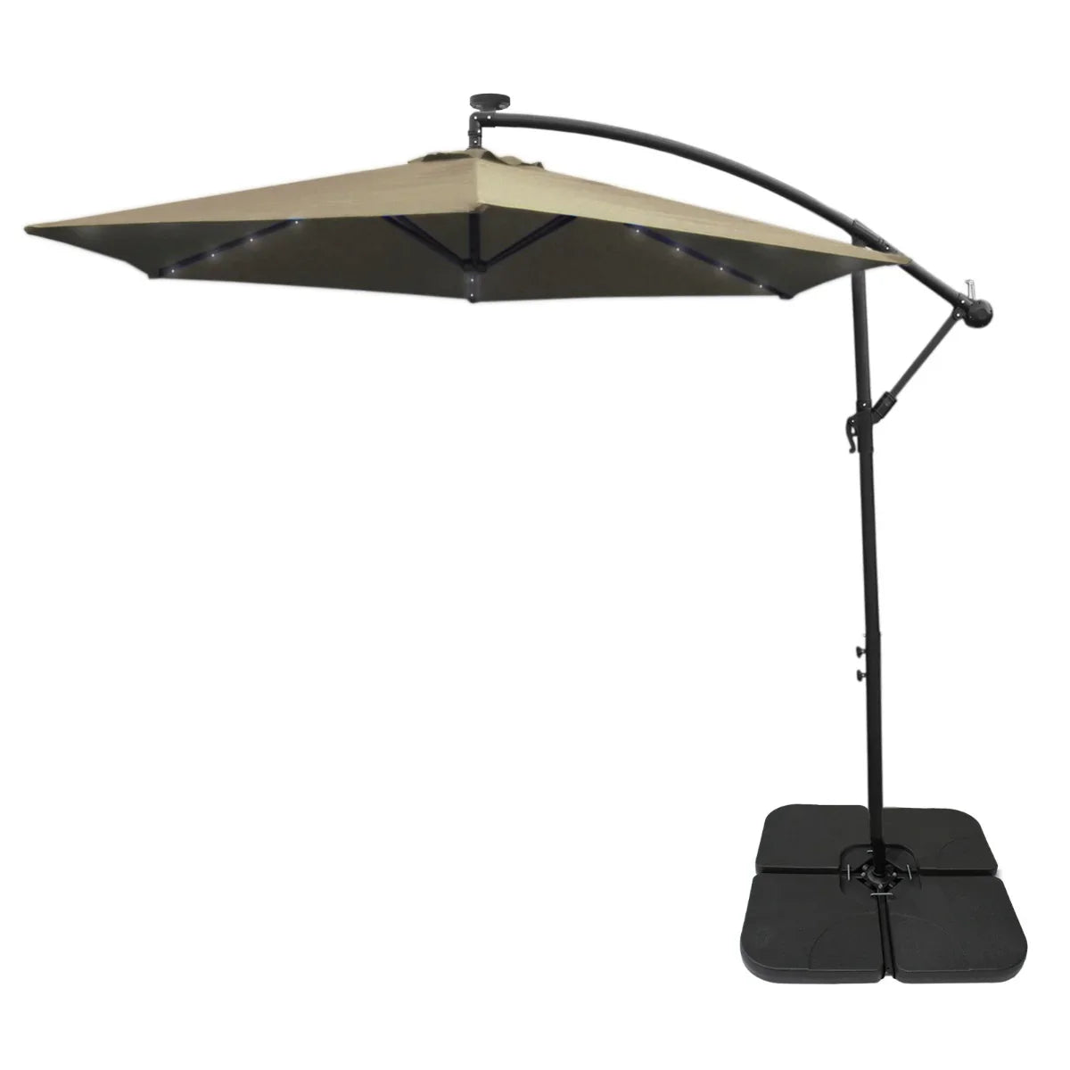 Beige 3m LED cantilever parasol with a sleek black frame and sturdy plain base, perfect for outdoor shade and ambiance