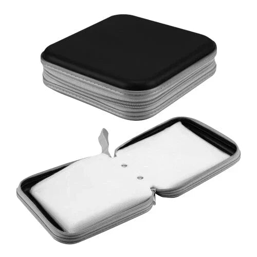 Retro jukebox and CD case featuring a sleek black exterior, zippered closure, and soft white interior for storing CDs securely