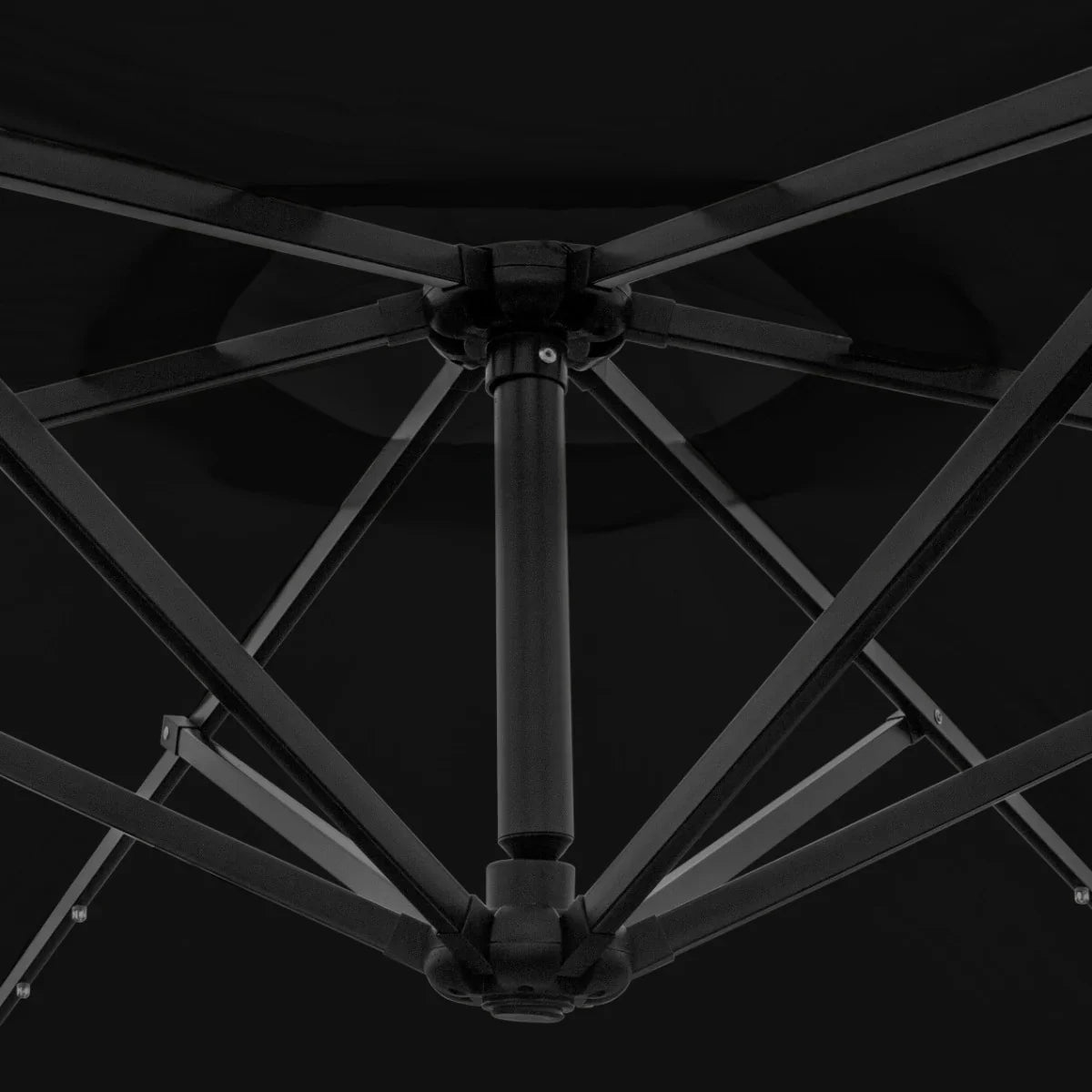 Black 3m LED cantilever parasol showcasing a sturdy frame and intricate support structure, designed for outdoor use