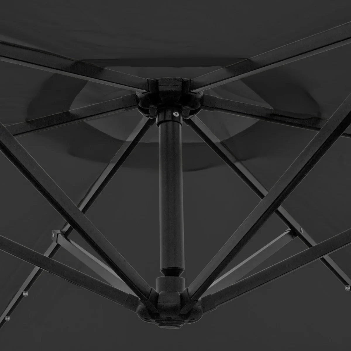 Grey 3m LED cantilever parasol showcasing a sturdy black frame and intricate ribbing, designed for outdoor shade and style