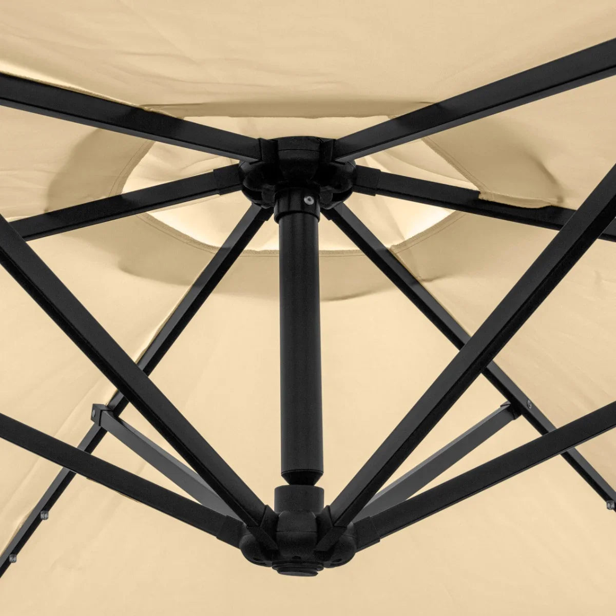 Beige 3m LED cantilever parasol showcasing a sturdy black metal frame and a spacious, light fabric canopy for outdoor shade