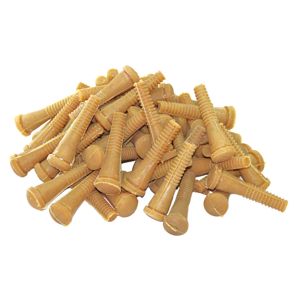 Poultry plucker fingers in a pile, made of durable rubber, featuring a textured surface and cylindrical shape for efficient feather removal