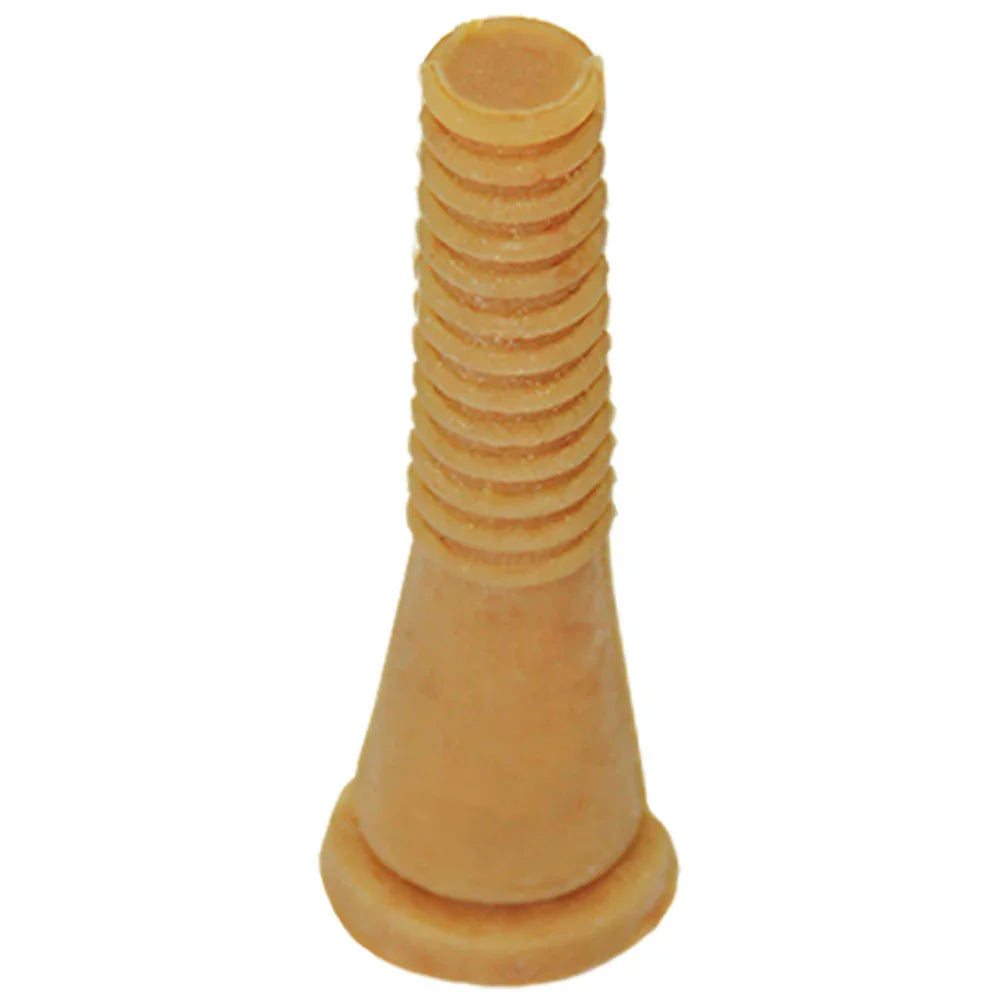 Flexible, yellow poultry plucker fingers with ribbed texture and a tapered shape, designed for efficient feather removal in poultry processing