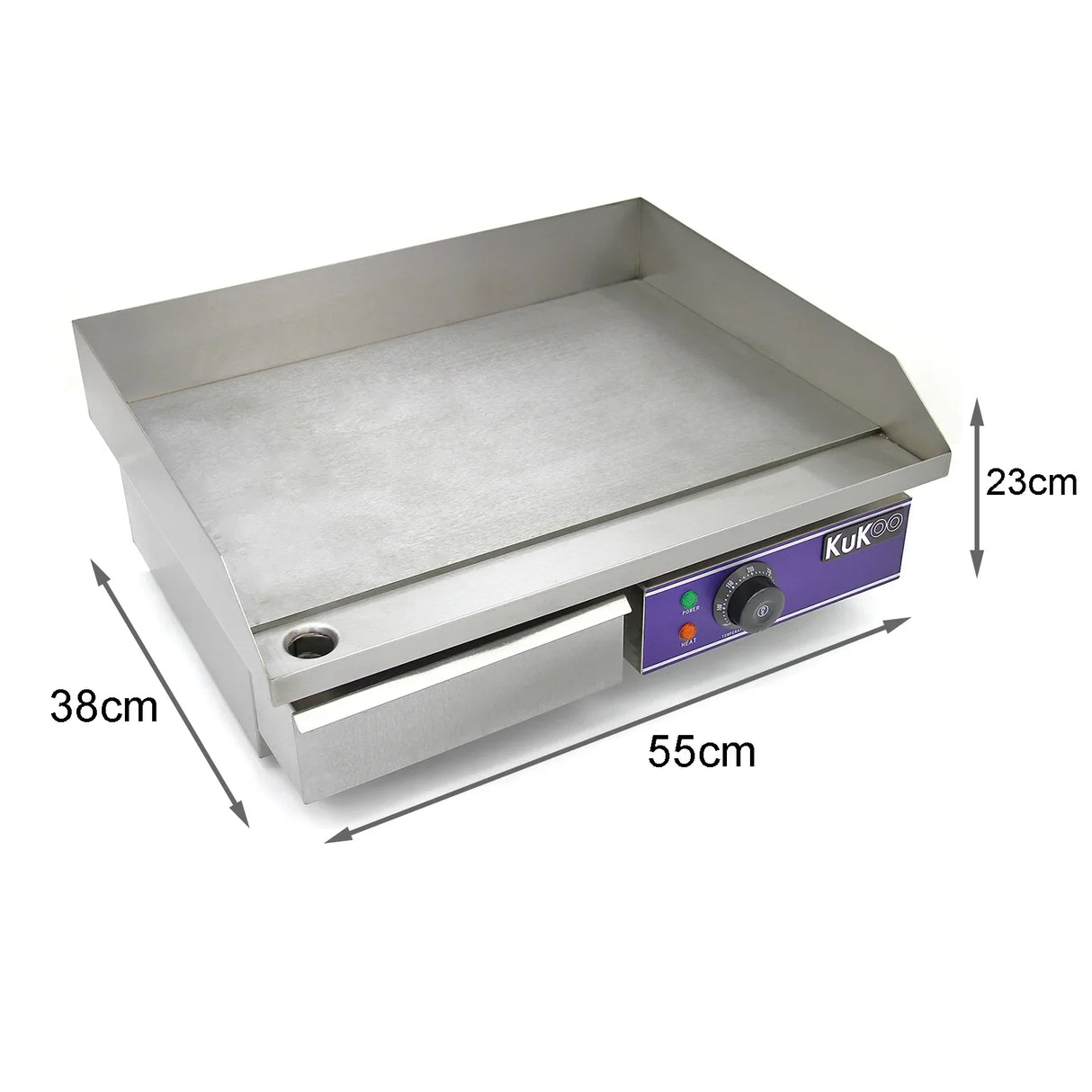 Stainless steel KuKoo 50cm wide electric griddle with a smooth cooking surface, adjustable temperature control, and grease drainage hole