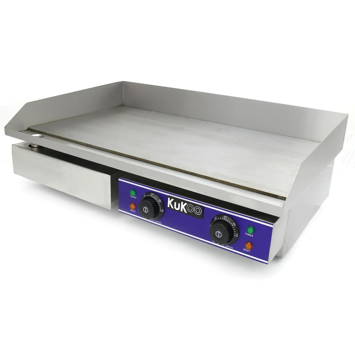 KuKoo 70cm wide electric griddle with a sleek stainless steel surface, adjustable temperature knobs, and a spacious cooking area