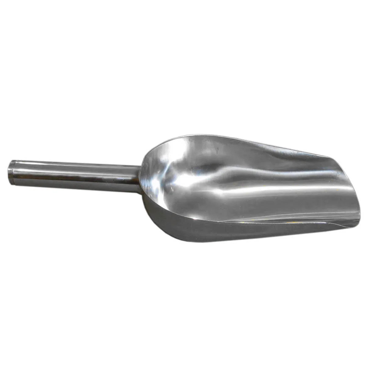 KuKoo stainless steel popcorn scoop with a shiny, smooth surface and a sturdy handle, ideal for serving popcorn efficiently
