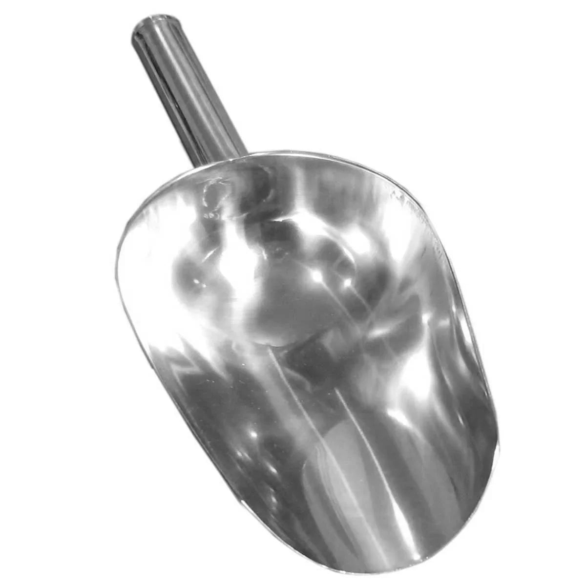 Shiny stainless steel popcorn scoop with a smooth, rounded bowl and a sturdy handle, perfect for serving popcorn at events